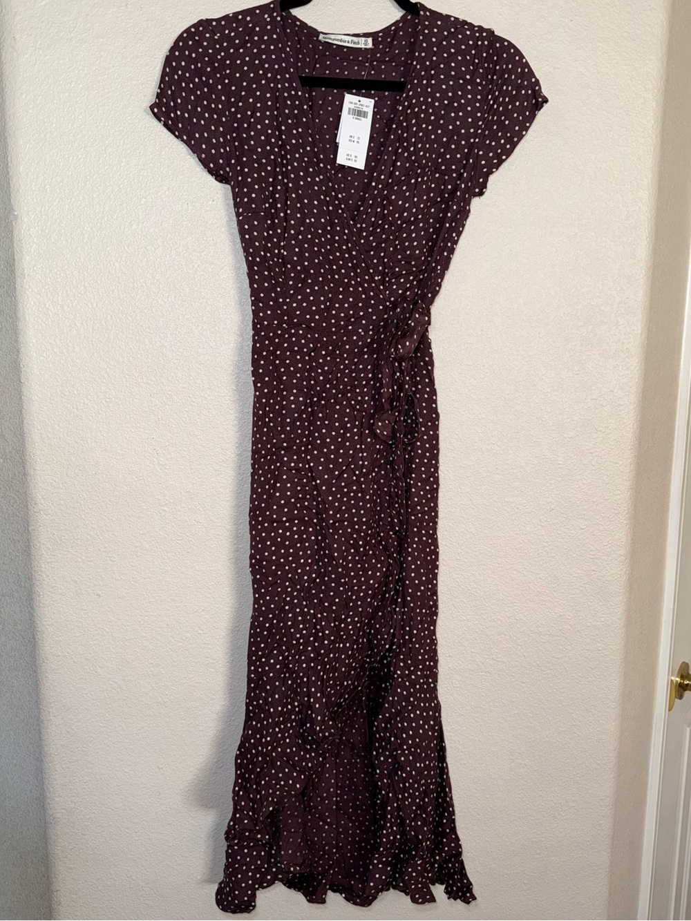 NWT Abercrombie & Fitch Burgundy Polka Dot Wrap Midi Dress Size XS